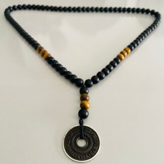 Onyx & Tiger Eye Coin Rosary - Silver Gold Plated